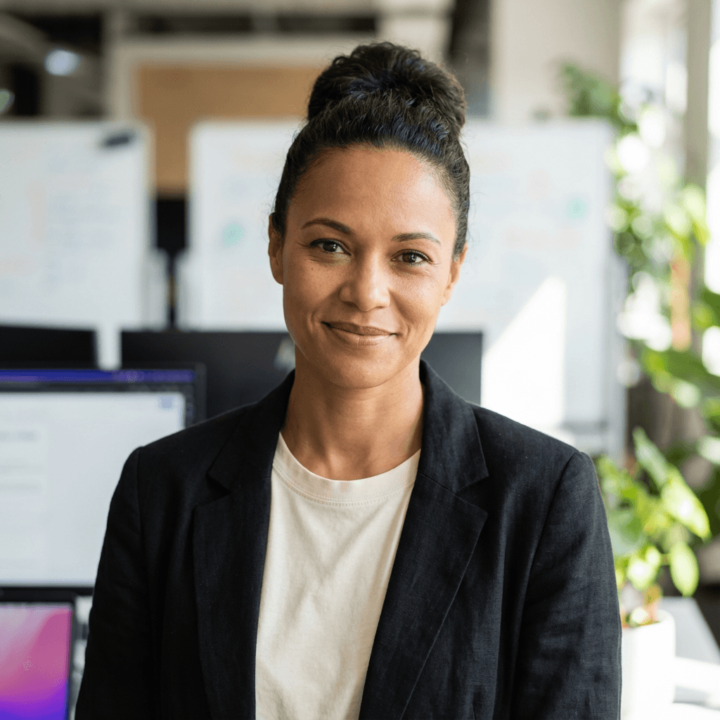 Professional woman in business attire smiling in a bright office