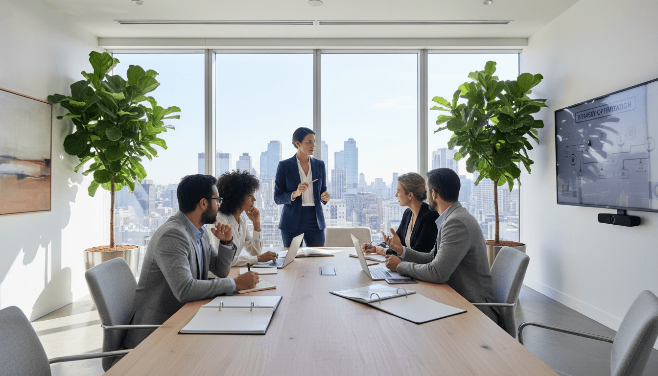Strategic consultant meeting with client in modern office