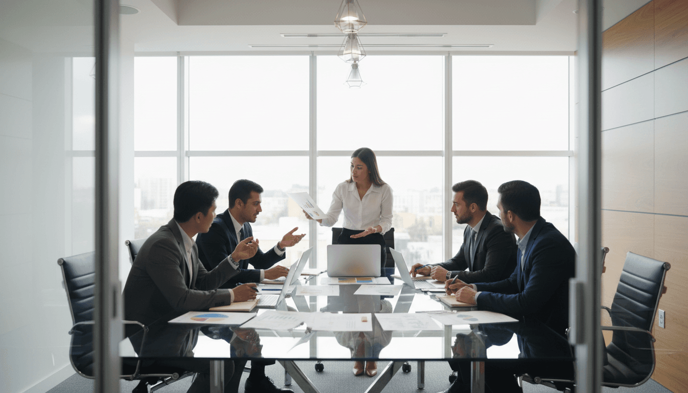 Business owners brainstorming with a consultant in a modern office