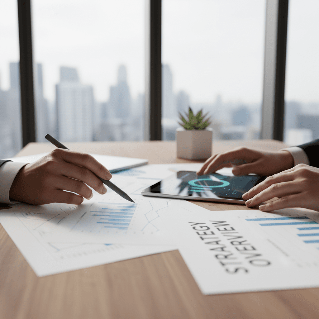 Professional consultant reviewing strategic documents in a modern bright office